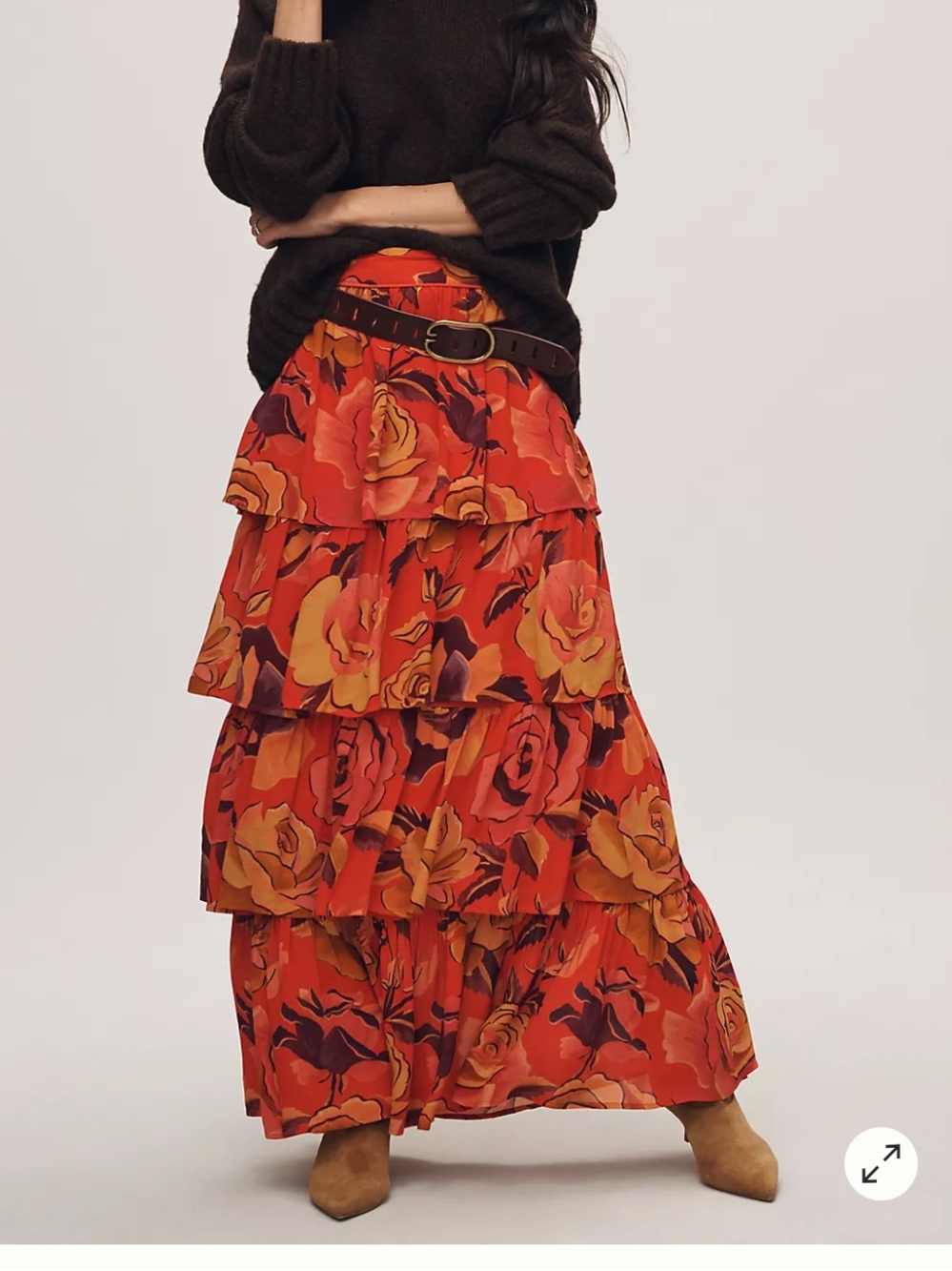 FARM Rio Tiered Maxi Skirt in Red-Orange Floral